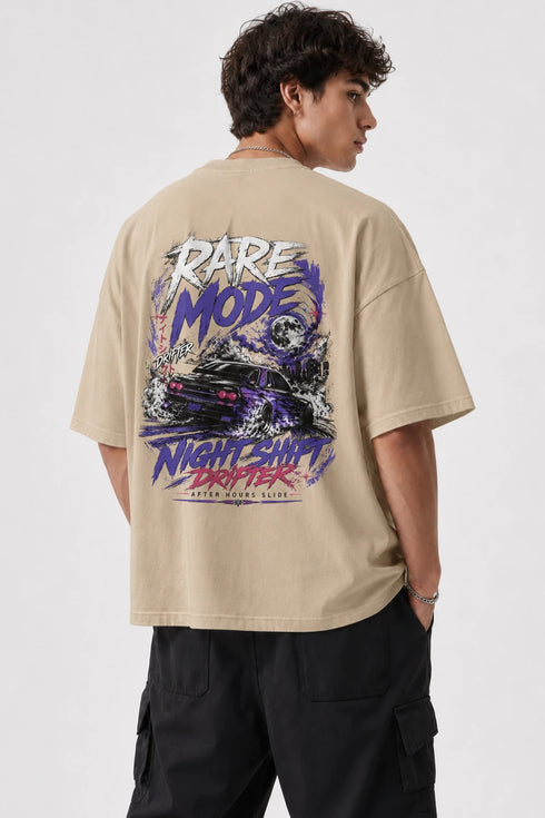 Rare Mode Night Shift Drifter Oversized Graphic T-Shirt in Beige back view with Night Shift Drifter graphic print