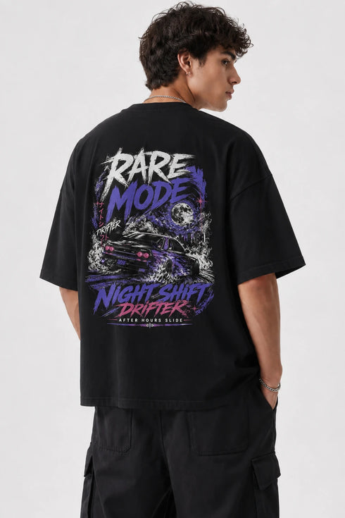 Rare Mode Night Shift Drifter Oversized Graphic T-Shirt in Black back view with Night Shift Drifter graphic print