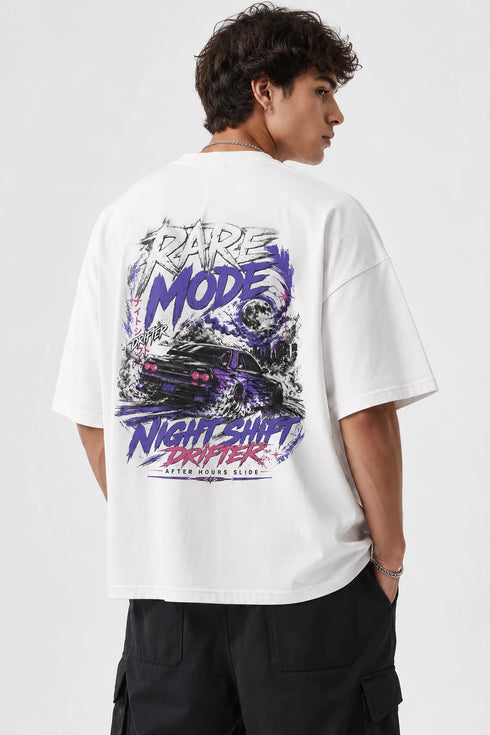 Rare Mode Night Shift Drifter Oversized Graphic T-Shirt in White back view with Night Shift Drifter graphic print