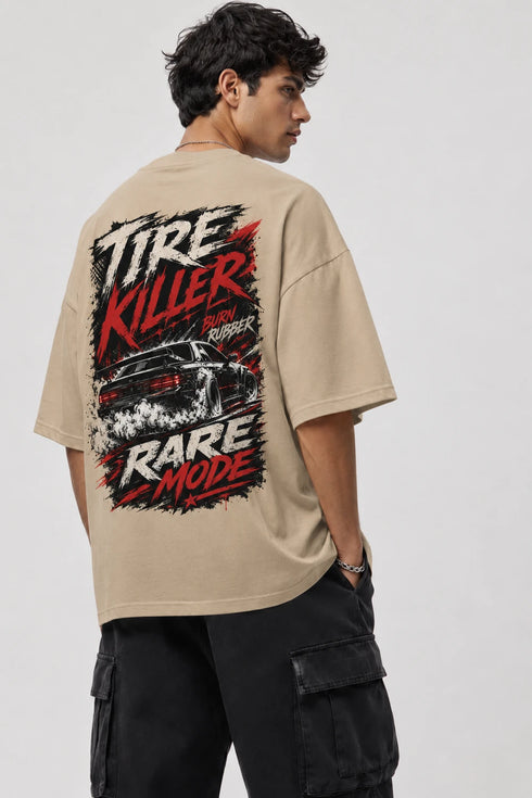 Rare Mode Tire Killer Oversized Graphic T-Shirt in Beige back view with Tire Killer graphic print