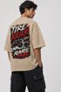 Rare Mode Tire Killer Oversized Graphic T-Shirt in Beige back view with Tire Killer graphic print