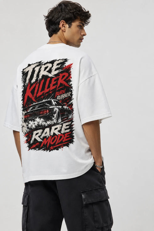 Rare Mode Tire Killer Oversized Graphic T-Shirt in White back view with Tire Killer graphic print