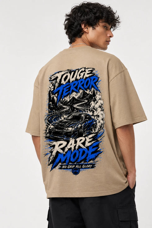 Rare Mode Touge Terror Oversized Graphic T-Shirt in Beige back view with Touge Terror graphic print