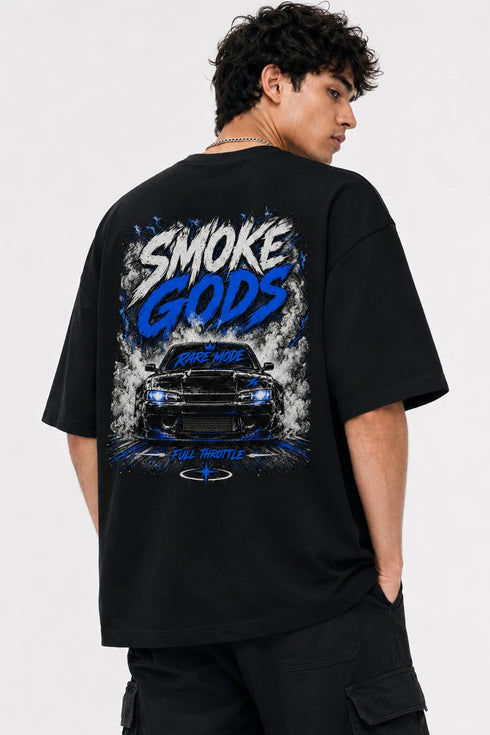 Rare Mode Smoke Gods Oversized Graphic T-Shirt in Black back view with Smoke Gods graphic print