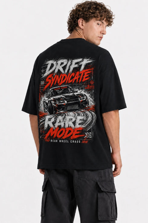 Rare Mode Drift Syndicate Oversized Graphic T-Shirt in Beige back view with Drift Syndicate graphic print