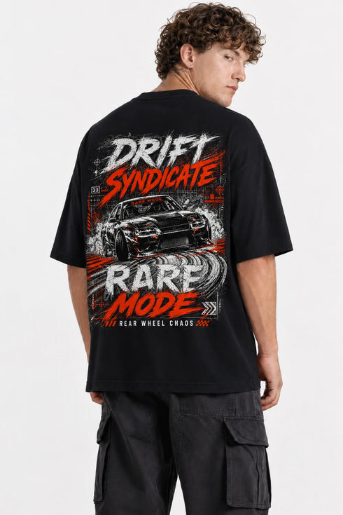 Rare Mode Drift Syndicate Oversized Graphic T-Shirt in Black back view with Drift Syndicate graphic print