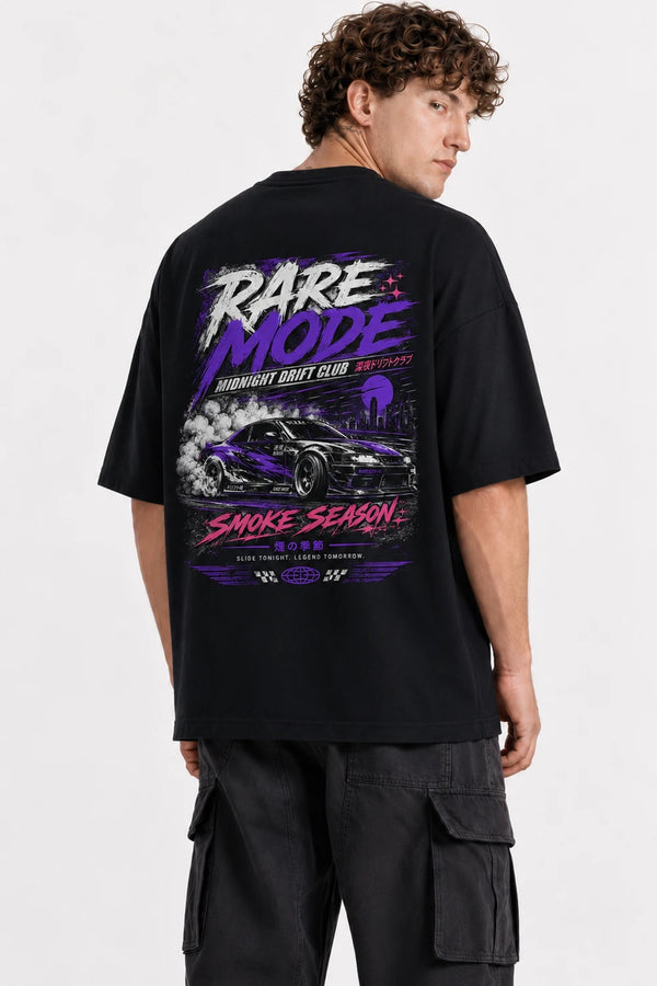 Rare Mode Midnight Drift Club Oversized Graphic T-Shirt in Black back view with Midnight Drift Club graphic print