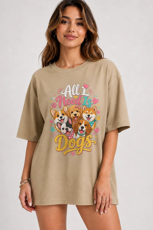 All I Need Is Dogs Oversized T-Shirt in Beige