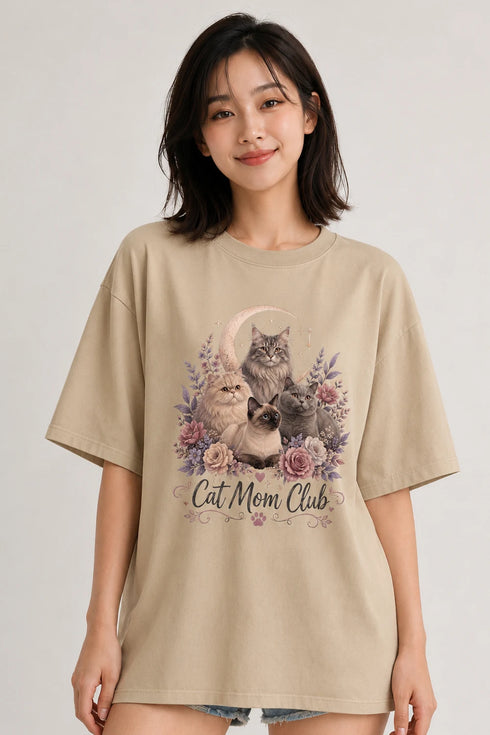 Cat Mom Club Oversized T-Shirt in Beige