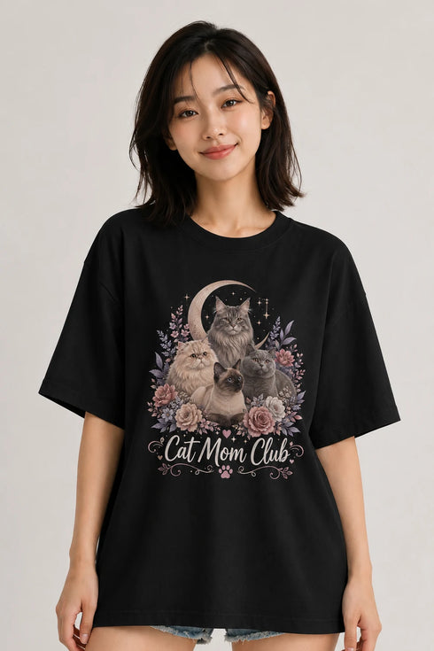 Cat Mom Club Oversized T-Shirt in Black
