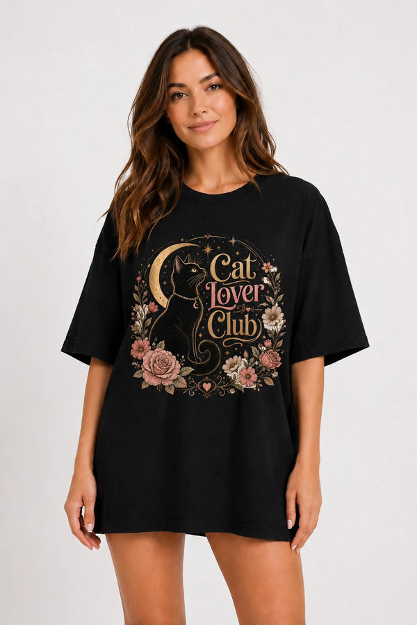 Cat Lover Club Oversized T-Shirt for Women in Black oversized fit on women model