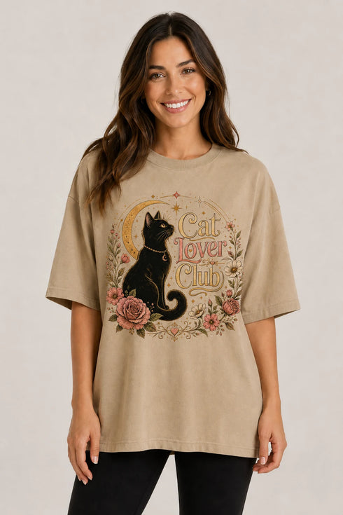 Cat Lover Club Oversized T-Shirt for Women in Beige oversized fit on women model