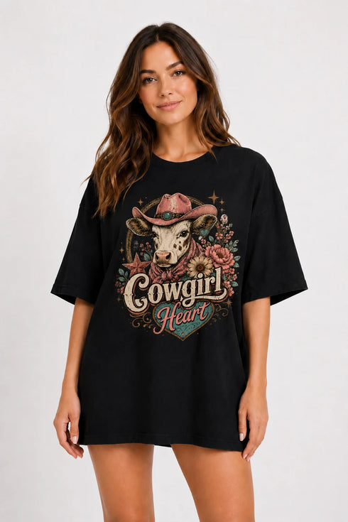 Cowgirl Heart Oversized T-Shirt for Women in Black oversized fit on women model