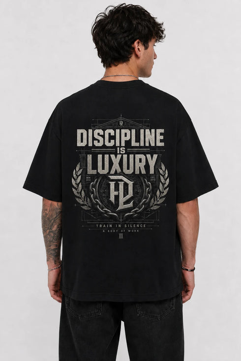 Rare Mode Discipline Is Luxury Oversized Black T-Shirt back view