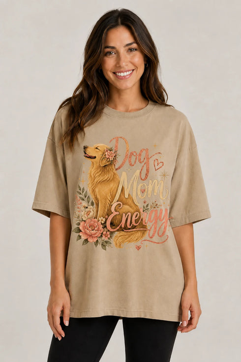 Dog Mom Energy Oversized T-Shirt for Women in Beige oversized fit on women model