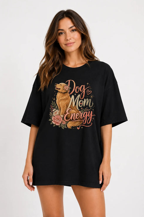 Dog Mom Energy Oversized T-Shirt for Women in Black oversized fit on women model