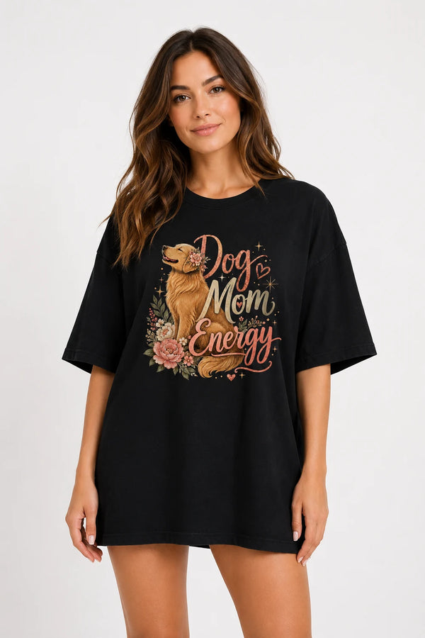 Dog Mom Energy Oversized T-Shirt for Women in Black oversized fit on women model
