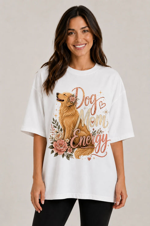 Dog Mom Energy Oversized T-Shirt for Women in White oversized fit on women model