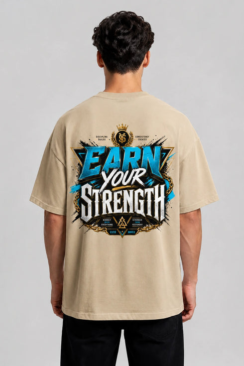 Earn Your Strength Oversized Graphic T-Shirt Rare Mode - Earn Your Strength Beige Back