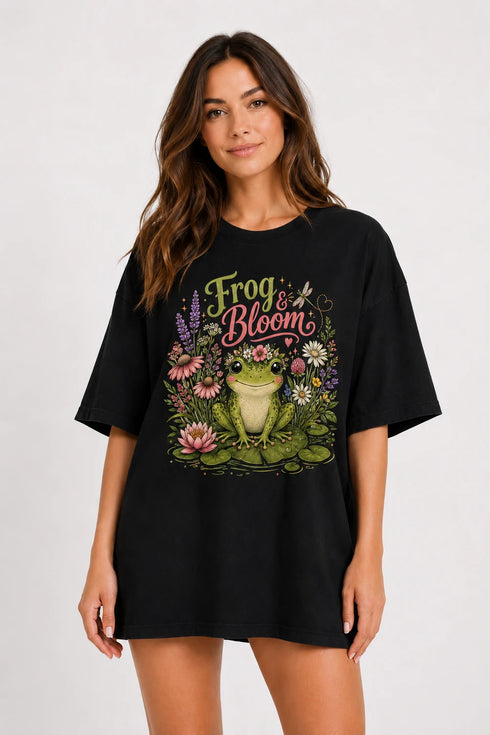 Frog & Bloom Oversized T-Shirt for Women in Black oversized fit on women model