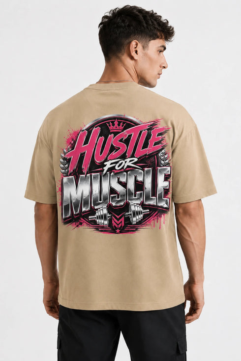 Hustle For Muscle Oversized Graphic T-Shirt Rare Mode - Hustle For Muscle Beige Back