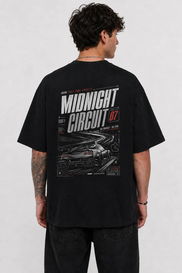 Rare Mode Midnight Circuit Oversized Black T-Shirt back view