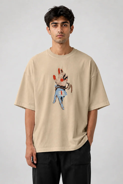 Men’s oversized Lord Shiva graphic T-shirt with spiritual hand print artwork