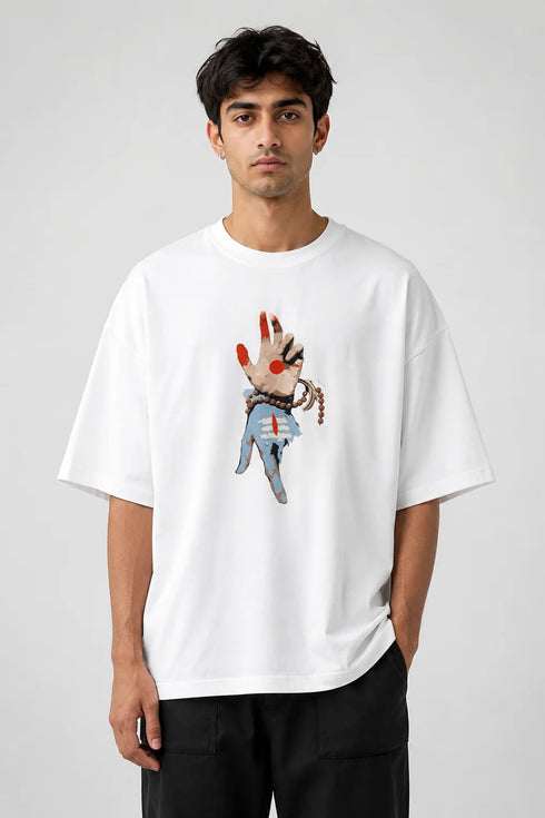 Men’s oversized Lord Shiva graphic T-shirt with spiritual hand print artwork