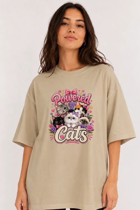 Powered By Cats Oversized T-Shirt in Beige