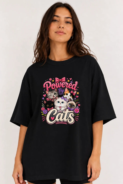 Powered By Cats Oversized T-Shirt in Black