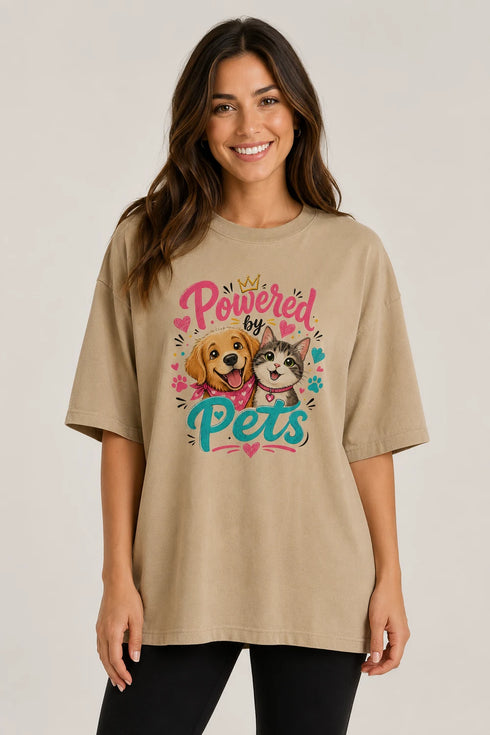 Powered By Pets Oversized T-Shirt for Women in Beige oversized fit on women model