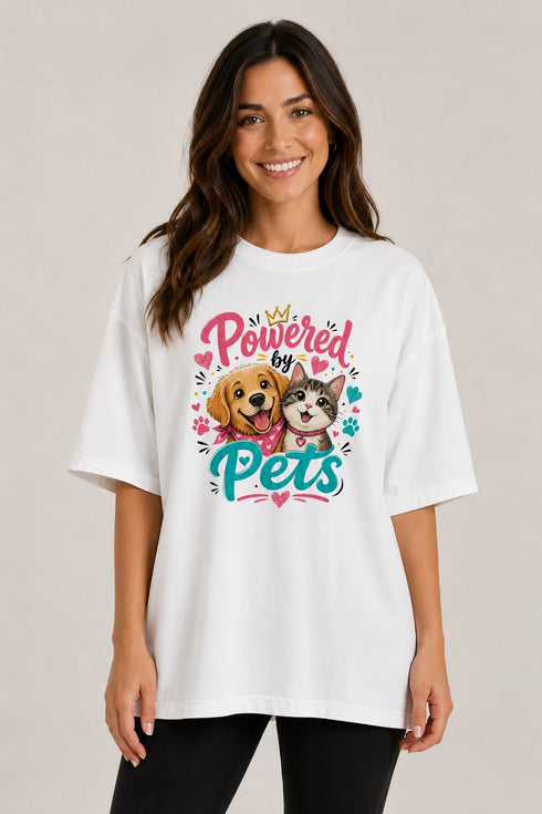 Powered By Pets Oversized T-Shirt for Women in White oversized fit on women model