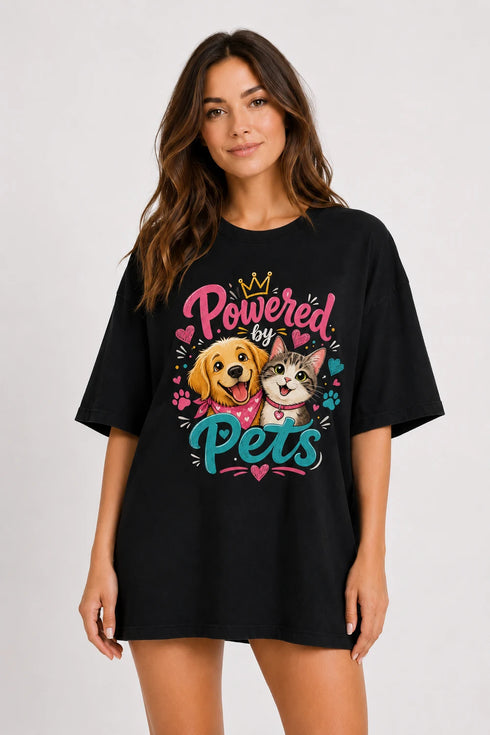 Powered By Pets Oversized T-Shirt for Women in Black oversized fit on women model