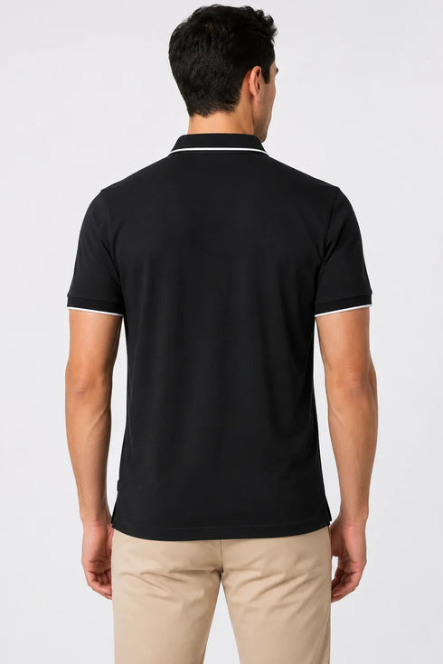 Rare Mode Men’s 280 GSM Bio-Washed Cotton Polo T-Shirt in Black with White Tipping back view