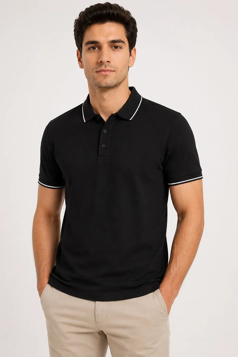 Rare Mode Men’s 280 GSM Bio-Washed Cotton Polo T-Shirt in Black with White Tipping front view