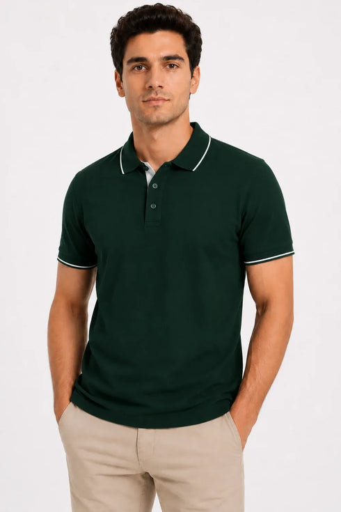 Rare Mode Men’s 280 GSM Bio-Washed Cotton Polo T-Shirt in Bottle Green front view