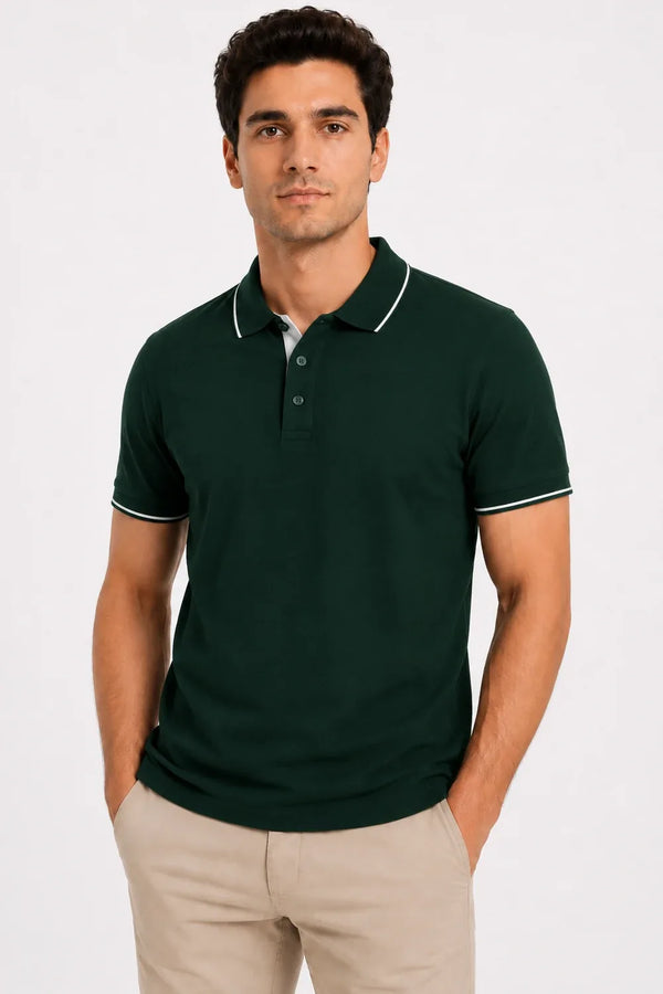 Rare Mode Men’s 280 GSM Bio-Washed Cotton Polo T-Shirt in Bottle Green front view