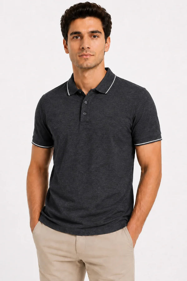 Rare Mode Men’s 280 GSM Bio-Washed Cotton Polo T-Shirt in Charcoal Melange front view
