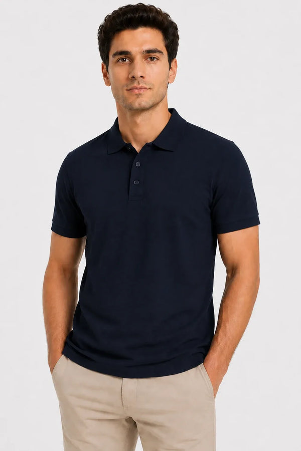 Rare Mode Men’s 280 GSM Bio-Washed Cotton Polo T-Shirt in Dark Navy Solid front view