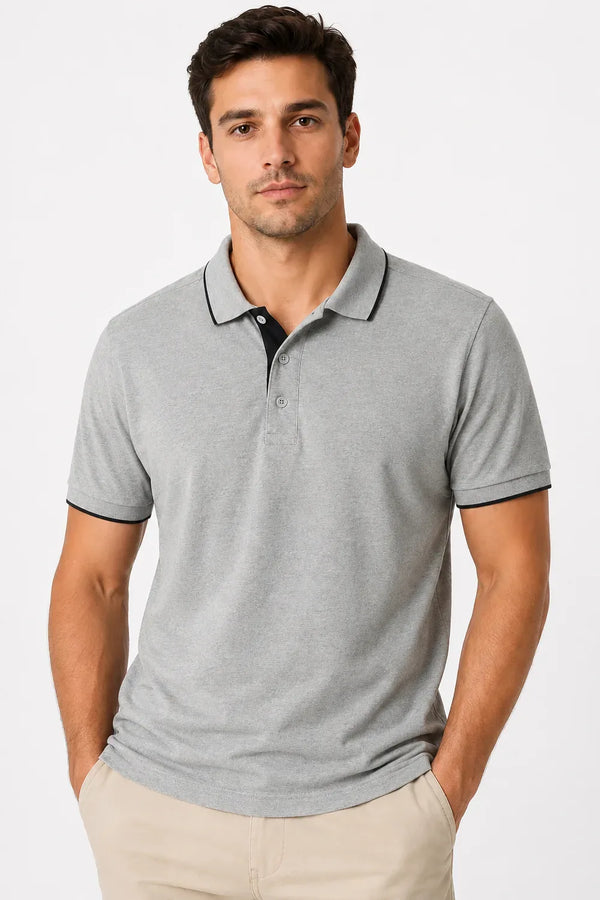 Rare Mode Men’s 280 GSM Bio-Washed Cotton Polo T-Shirt in Grey Melange front view