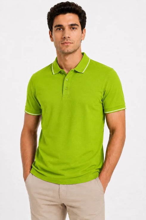 Rare Mode Men’s 280 GSM Bio-Washed Cotton Polo T-Shirt in Lime Green front view