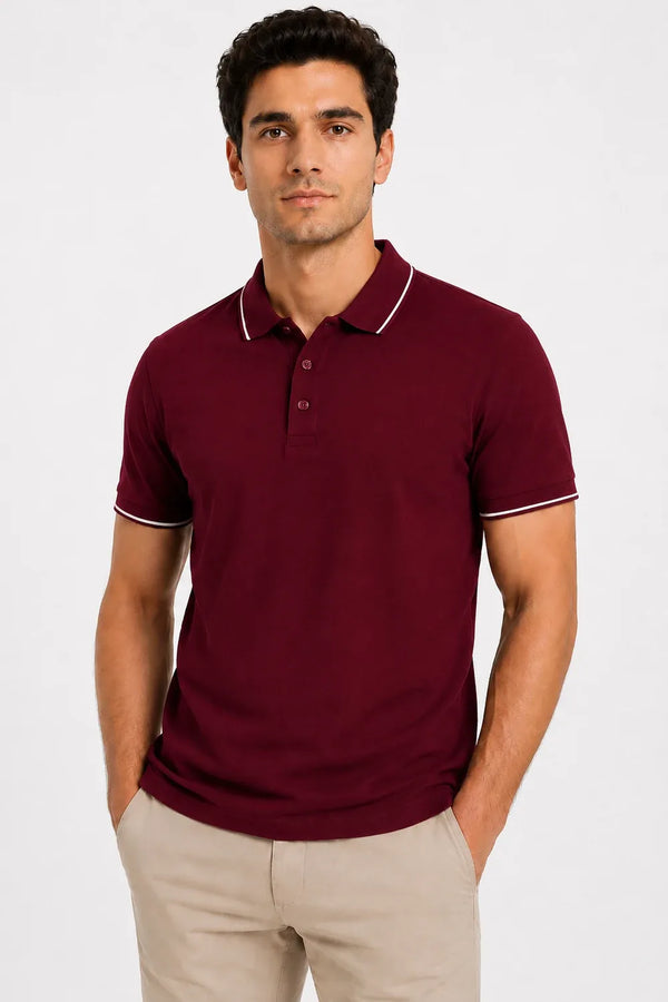 Rare Mode Men’s 280 GSM Bio-Washed Cotton Polo T-Shirt in Maroon front view