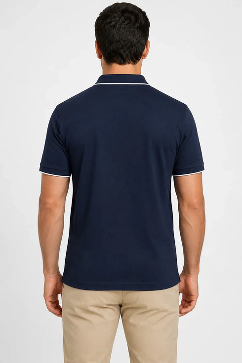 Rare Mode Men’s 280 GSM Bio-Washed Cotton Polo T-Shirt in Navy Blue with White Tipping back view