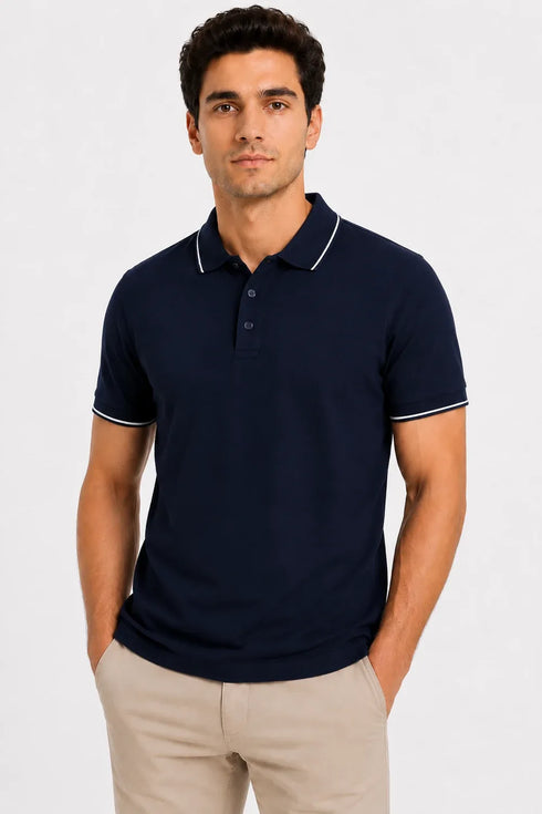 Rare Mode Men’s 280 GSM Bio-Washed Cotton Polo T-Shirt in Navy Blue with White Tipping front view
