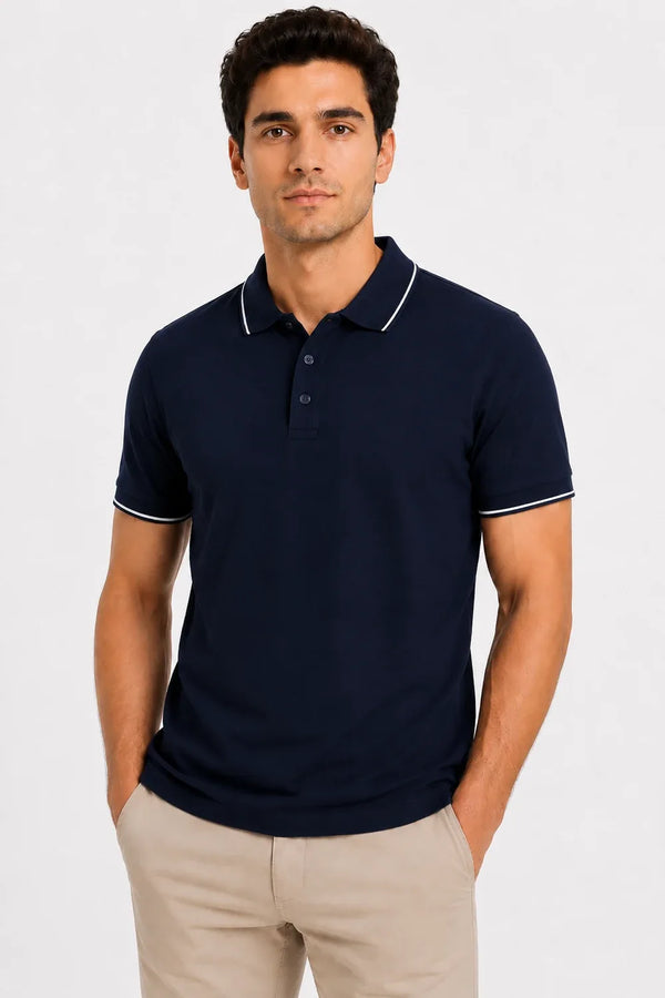 Rare Mode Men’s 280 GSM Bio-Washed Cotton Polo T-Shirt in Navy Blue with White Tipping front view