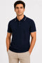 Rare Mode Men’s 280 GSM Bio-Washed Cotton Polo T-Shirt in Navy Blue with White Tipping front view