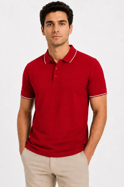 Rare Mode Men’s 280 GSM Bio-Washed Cotton Polo T-Shirt in Red front view