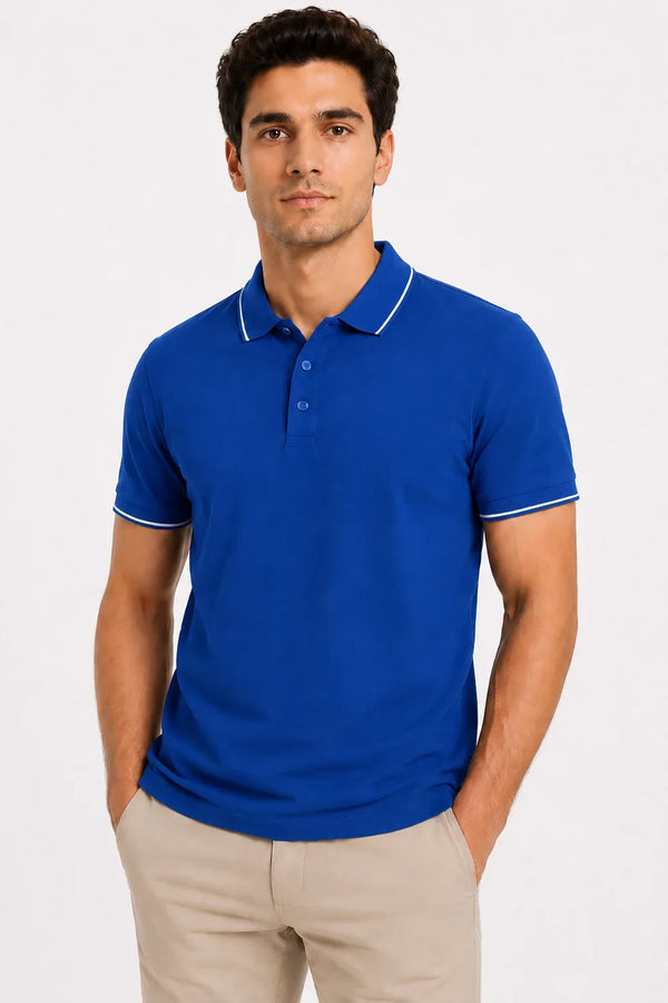 Rare Mode Men’s 280 GSM Bio-Washed Cotton Polo T-Shirt in Royal Blue front view