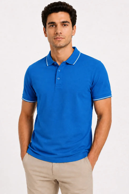 Rare Mode Men’s 280 GSM Bio-Washed Cotton Polo T-Shirt in Sapphire Blue front view