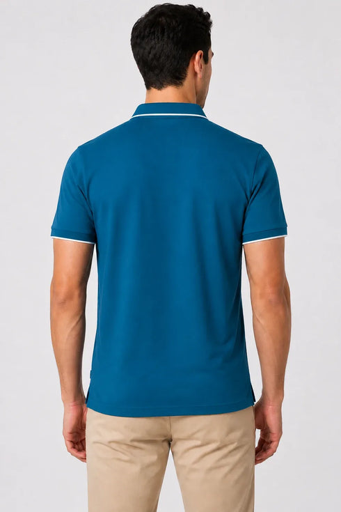 Rare Mode Men’s 280 GSM Bio-Washed Cotton Polo T-Shirt in Teal Blue back view